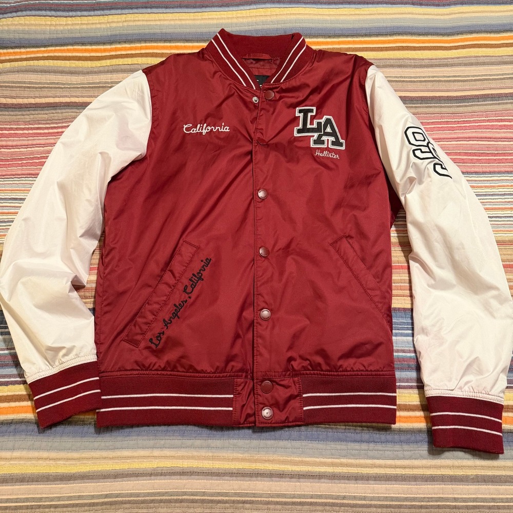 Hollister Mens Burgundy White Varsity Bomber Jacket LA California Small